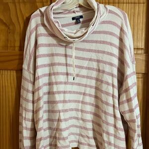 Chaps Cream and Dusty Pink Striped Cowl Neck Pullover